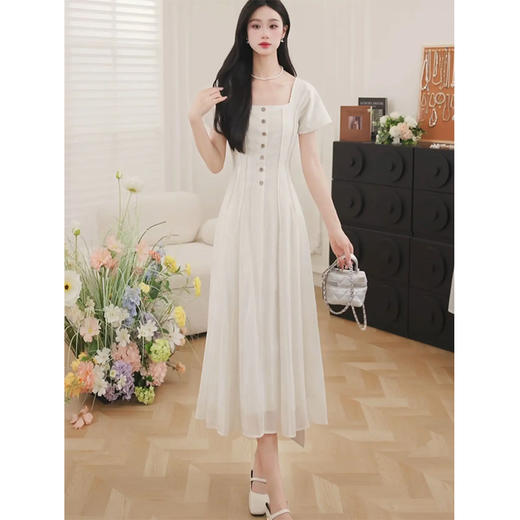 鹿向南「白茶少女」气质方领连衣裙女夏季新款设计感高腰a字长裙QJD00347 商品图2