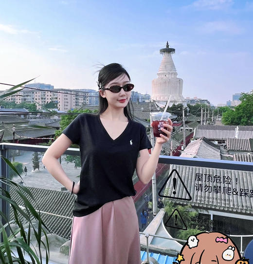 福利价赵露丝同款V领纯棉短袖t恤 商品图9