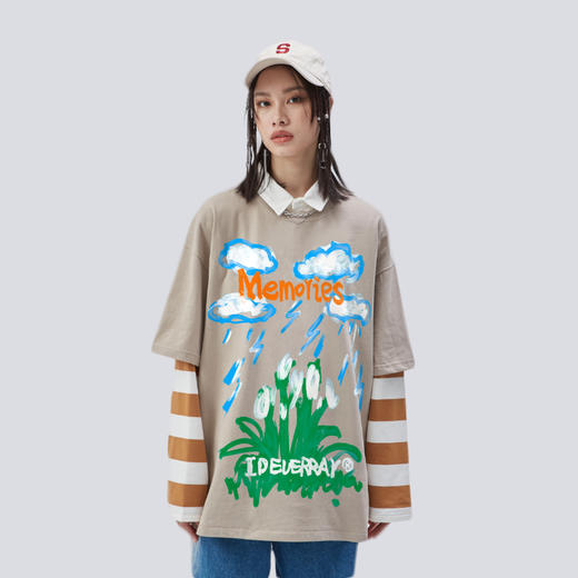 IDEVERRAY潮牌美式涂鸦雨中郁金香重磅短袖t恤男宽松情侣高街上衣21MSL-TM653 商品图4