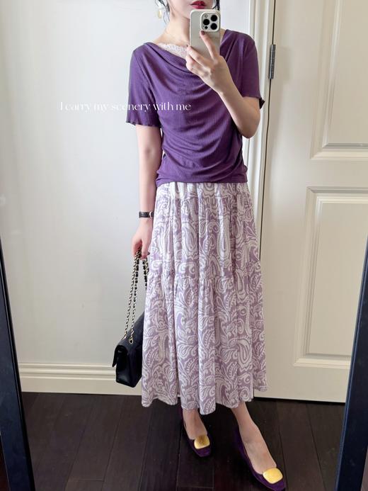 随身携带你的风景 | 优美感在线的荡领微露蕾丝修身tee 茄子紫 商品图2