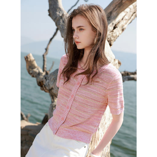 三彩2025夏季新款条纹针织衫镂空肌理感短袖毛衫多巴胺开衫M 商品图2