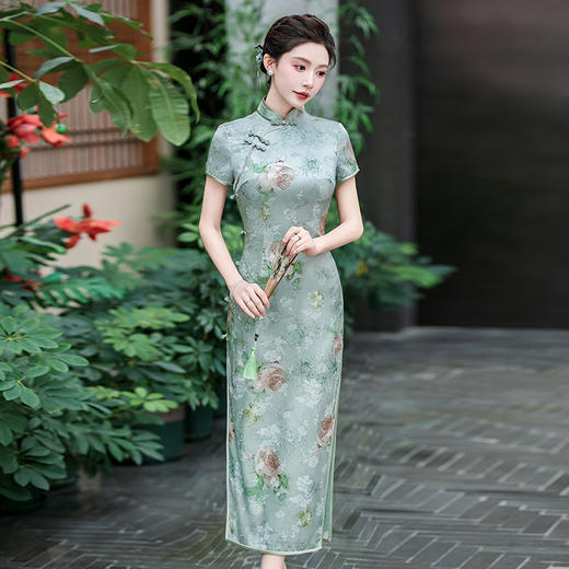 WX-25001春季新款真丝旗袍中式桑蚕丝连衣裙手工缝制送考宴席日常可穿 商品图2
