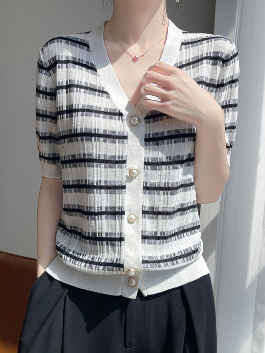 【天丝小香风珍珠扣开衫V领】夏清爽天丝开衫短袖女V领坎肩外搭条纹拼色曲珠针织半袖T恤空调衫 商品图4