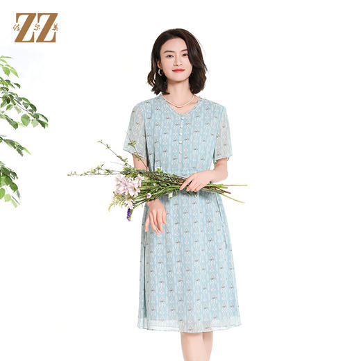 佐尔美夏季新款时尚气质碎花桑蚕丝短袖连衣裙女M42LS46 商品图1