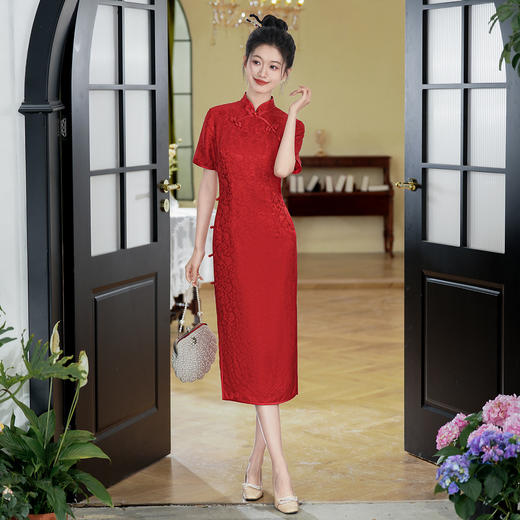 WX-25015春季新款提花真丝旗袍中式桑蚕丝连衣裙手工缝制订婚宴席日常 商品图2