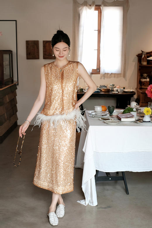 盛唐牡丹| 流苏亮片真丝鸵鸟毛马甲（鸵鸟毛可拆卸） 商品图6