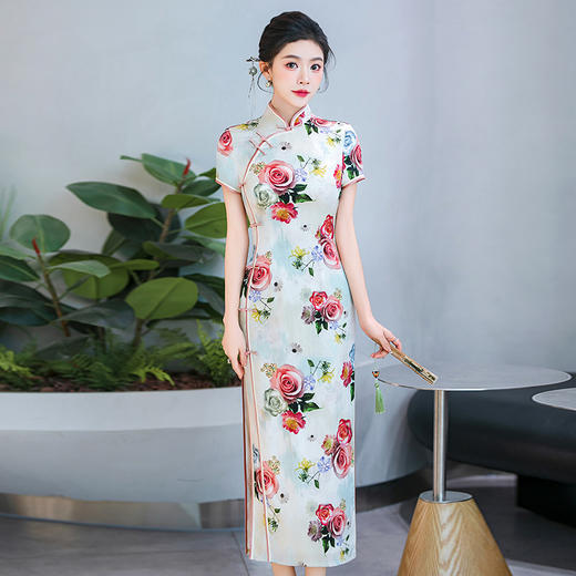 WX-ZS-2507春季新款真丝旗袍中式桑蚕丝连衣裙手工缝制送考宴席日常可穿 商品图1