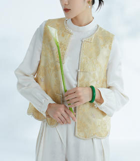 荷言HEYEN 晨澜 真丝羊毛蔷薇提花新中式马甲手工雪花钉珠波浪摆高定系列