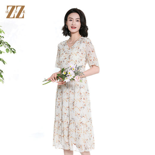 佐尔美夏季新款时尚气质碎花桑蚕丝短袖连衣裙女M42LS53 商品图1