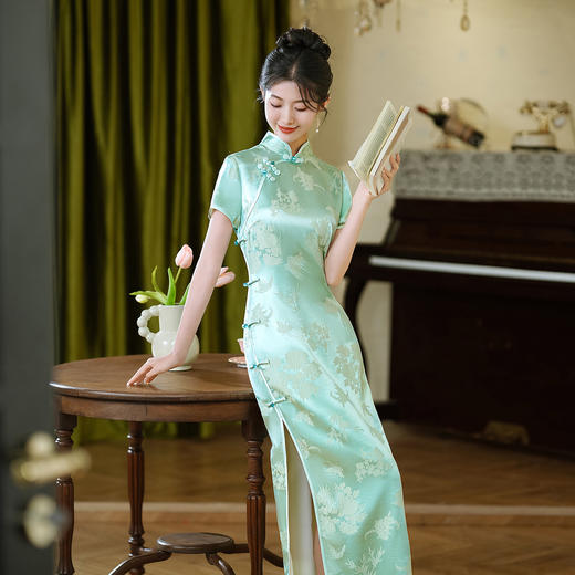 WX-25014春季新款提花真丝旗袍中式桑蚕丝连衣裙手工缝制送考宴席日常 商品图2