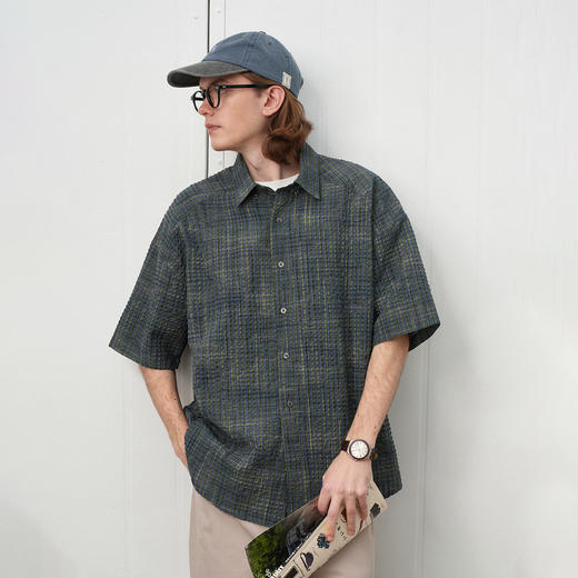 714street泡泡纱格子短袖衬衫男25春夏新款宽松轻薄透气情侣衬衣 商品图1
