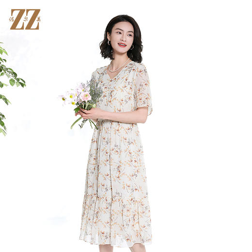佐尔美夏季新款时尚气质碎花桑蚕丝短袖连衣裙女M42LS53 商品图2