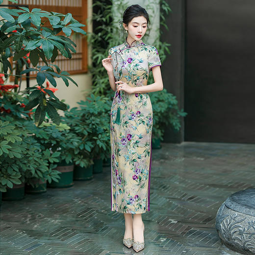 WX-ZS-2502春季新款真丝旗袍中式桑蚕丝连衣裙手工缝制送考宴席日常可穿 商品图2