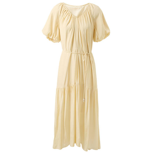 三彩2025夏季新款纯色连衣裙V领宽松A字裙腰绳短袖长裙度假S 商品图4