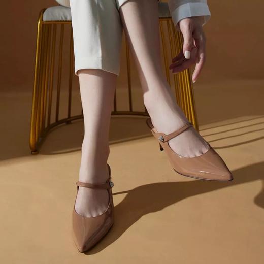 洛诗琳04921气质尖头一字带包头后空高跟鞋夏季漆皮裸色单鞋1818 商品图2