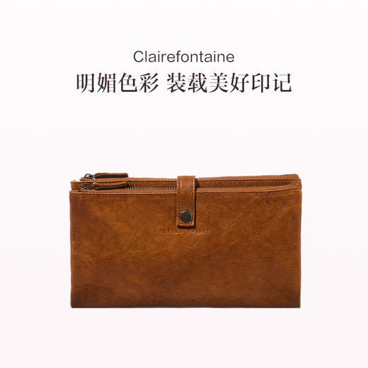保税直发 Clairefontaine羊皮双格扁平笔袋 米色绒面/白兰地色光面 L27 x W23.6 x2.8cm 商品图0