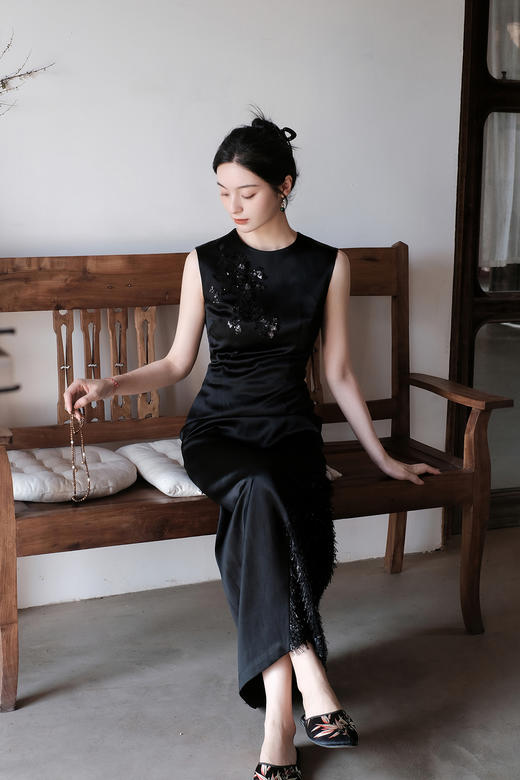 盛唐牡丹| 法式串珠重缎香云纱长裙 商品图1