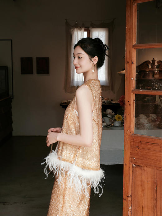 盛唐牡丹| 流苏亮片真丝鸵鸟毛马甲（鸵鸟毛可拆卸） 商品图8