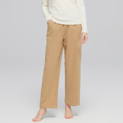 素道有机彩棉97%棉棕色长裤 针织直筒裤女士系绳休闲裤显高显瘦版 商品图1