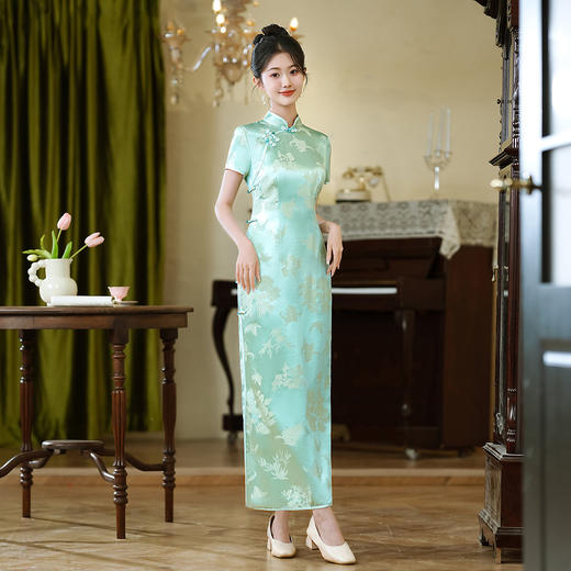 WX-25014春季新款提花真丝旗袍中式桑蚕丝连衣裙手工缝制送考宴席日常 商品图1
