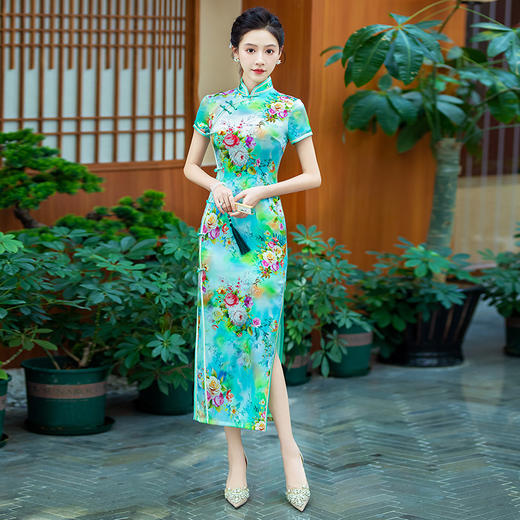 WX-ZS-2508春季新款真丝旗袍中式桑蚕丝连衣裙手工缝制送考宴席日常可穿 商品图0