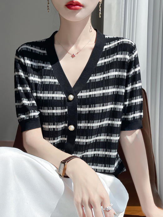 【天丝小香风珍珠扣开衫V领】夏清爽天丝开衫短袖女V领坎肩外搭条纹拼色曲珠针织半袖T恤空调衫 商品图5