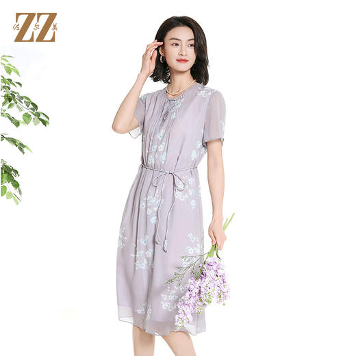 佐尔美夏季新款国风时尚气质碎花桑蚕丝短袖连衣裙女M42LS45 商品图3
