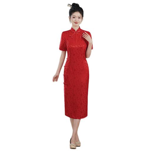 WX-25015春季新款提花真丝旗袍中式桑蚕丝连衣裙手工缝制订婚宴席日常 商品图4