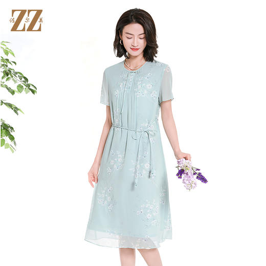 佐尔美夏季新款国风时尚气质碎花桑蚕丝短袖连衣裙女M42LS45 商品图1