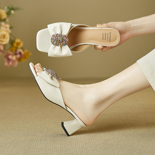 【预售5天】米白色软羊皮蝴蝶结一字带高跟拖鞋女外穿夏季软皮仙女风露趾凉鞋DSFG&1696 商品图1