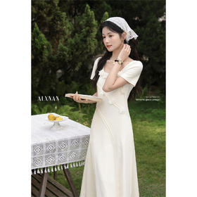 鹿向南「微光晨露」法式方领杏色短袖女连衣裙夏季收腰A字长裙子