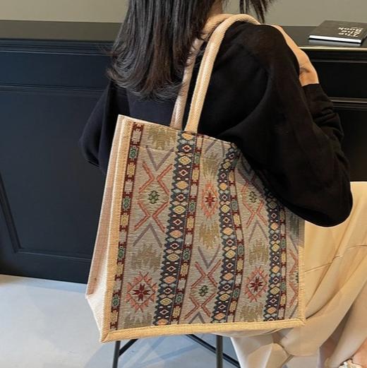 【敦煌菱形纹托特包】大容量亚麻托特包包  新款手工编织妈咪包女时尚通勤单肩手提包 商品图3