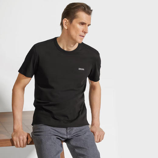 【二】ZEGNA 杰尼亚 男士字母徽标刺绣棉质圆领短袖T恤 黑色 E7360A5 B760 K09 商品图3