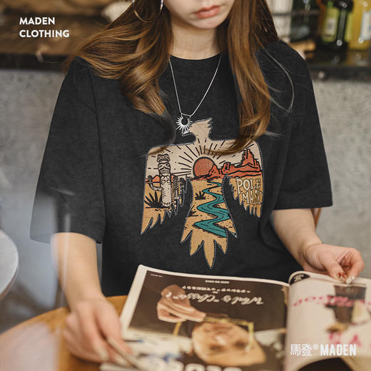 马登夏日复古纳瓦霍民族风印花T恤情侣款黑色宽松休闲百搭短袖女 商品图0