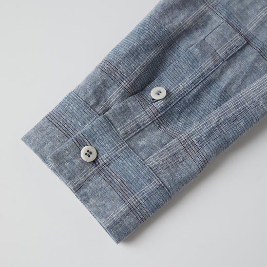 ROMI STUDIO汉麻棉混纺清爽蓝格纹撞色扣宽松翻领衬衣 RWCRSM1558 商品图3