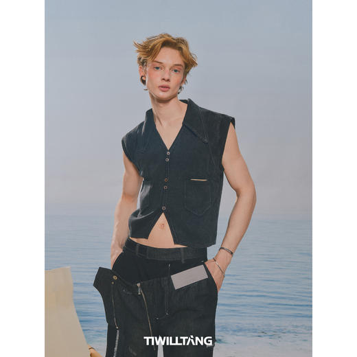 启世录TIWILLTANG“蚀日钜泽”水洗纯棉分割马甲仿牛仔针织背心 商品图3