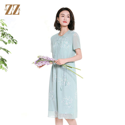 佐尔美夏季新款国风时尚气质碎花桑蚕丝短袖连衣裙女M42LS45 商品图2