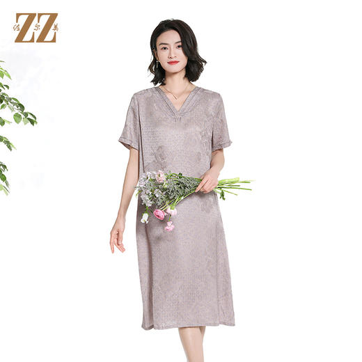 佐尔美夏季新款新中式气质印花桑蚕丝短袖连衣裙女M42LS58 商品图2