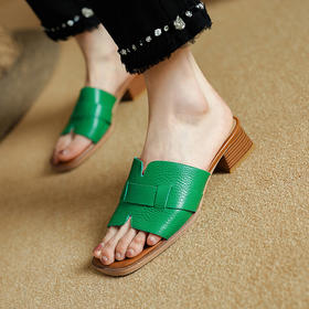 【预售5天】牛皮粗跟方头露趾罗马，复古法式简约百搭拖鞋PS&PS1870