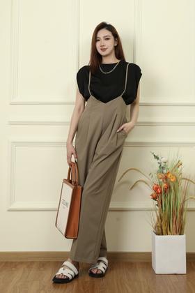 LNNNS 卡其色高腰宽松阔腿背带裤 18205