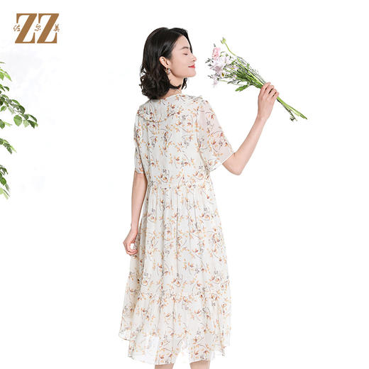 佐尔美夏季新款时尚气质碎花桑蚕丝短袖连衣裙女M42LS53 商品图4