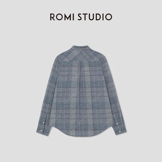 ROMI STUDIO汉麻棉混纺清爽蓝格纹撞色扣宽松翻领衬衣 RWCRSM1558 商品图1