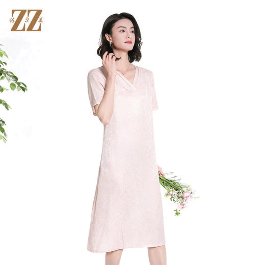 佐尔美夏季新款新中式气质印花桑蚕丝短袖连衣裙女M42LS58 商品图3