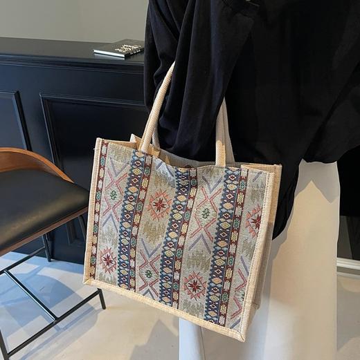 【敦煌菱形纹托特包】大容量亚麻托特包包  新款手工编织妈咪包女时尚通勤单肩手提包 商品图7