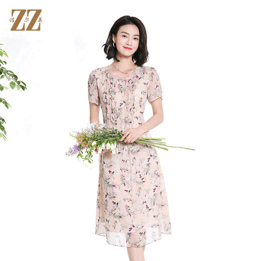 佐尔美夏季新款时尚气质碎花桑蚕丝短袖连衣裙女M42LS57 商品图3