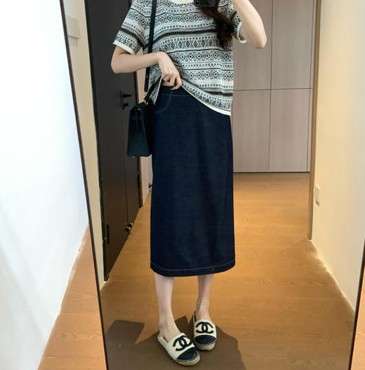 复古时髦！2025牛仔色粗麻节纹理撞色线直筒中高腰后开衩半身裙！ 商品图5