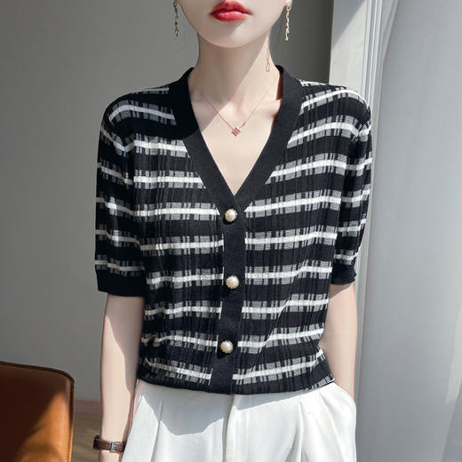 【天丝小香风珍珠扣开衫V领】夏清爽天丝开衫短袖女V领坎肩外搭条纹拼色曲珠针织半袖T恤空调衫 商品图1
