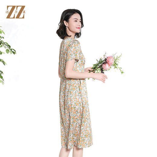 佐尔美夏季新款时尚气质碎花桑蚕丝短袖连衣裙女M42LS55 商品图1