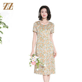 佐尔美夏季新款时尚气质碎花桑蚕丝短袖连衣裙女M42LS55