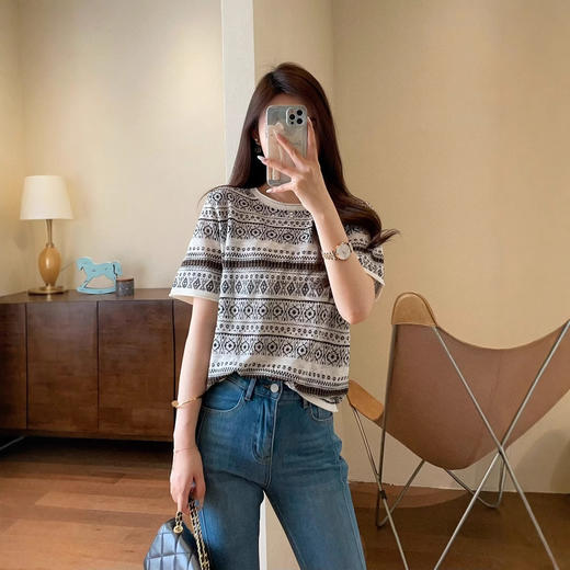 北欧风！费尔岛提花轻薄透气天丝针织短袖圆领T恤女2025夏季！ 商品图1